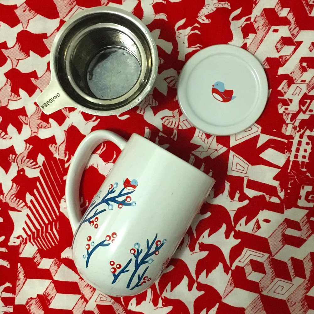 David's Tea Retired White Berries Bird Nordic Mug with Infuser and Lid 2014